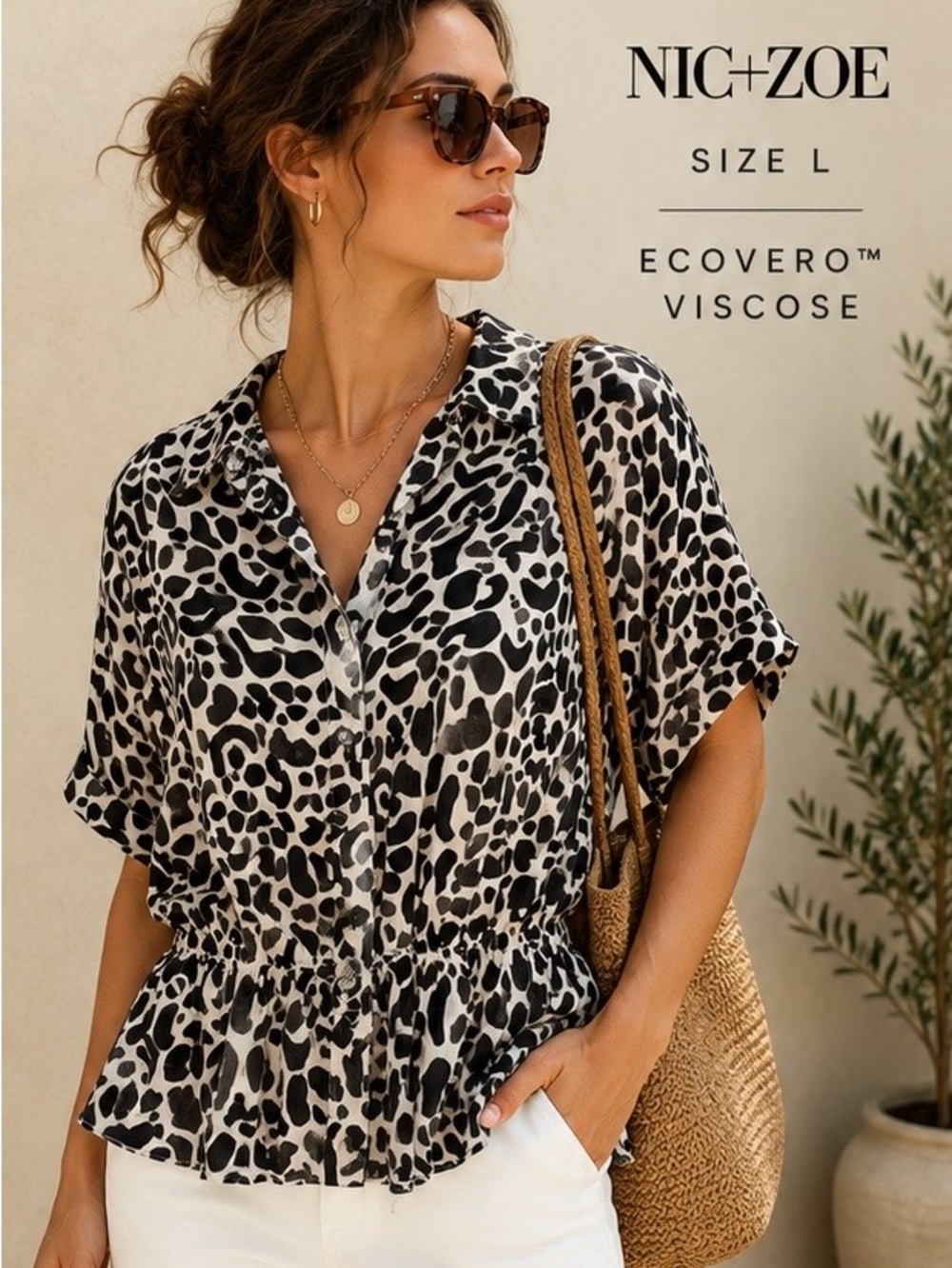 NIC+ZOE Leopard Print Peplum Blouse EcoVero Viscose Lightweight L